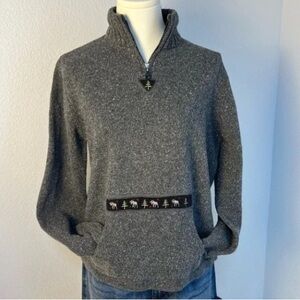 Gray Quarter-Zip Sweater with Patterned Trim